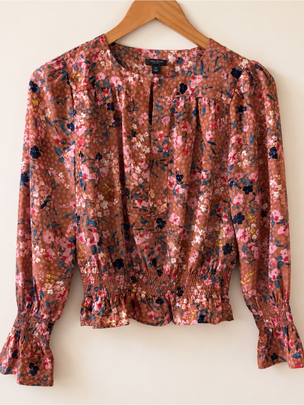 Ann Taylor Rust Floral Smocked-Waist Blouse with Long Sleeves